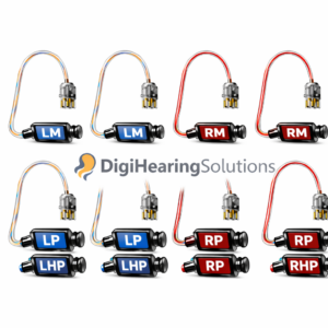 Widex EasyWear Receiver V2 hearing aid receivers showing left and right sides with color codes and power levels (L)M, (L)P, (L)HP, (R)M, (R)P, (R)HP