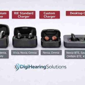 Four ReSound hearing aid chargers — RIE Premium, RIE Standard, Custom, and Desktop with compatability