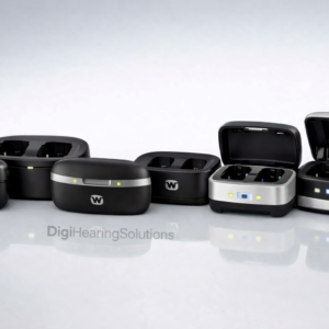Widex hearing aid chargers lineup featuring Portable, Standard, and Charge N Clean models