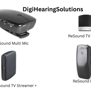 ReSound accessory lineup — TV Streamer+, Multi Mic+, TV Streamer 2, and Multi Mic with
